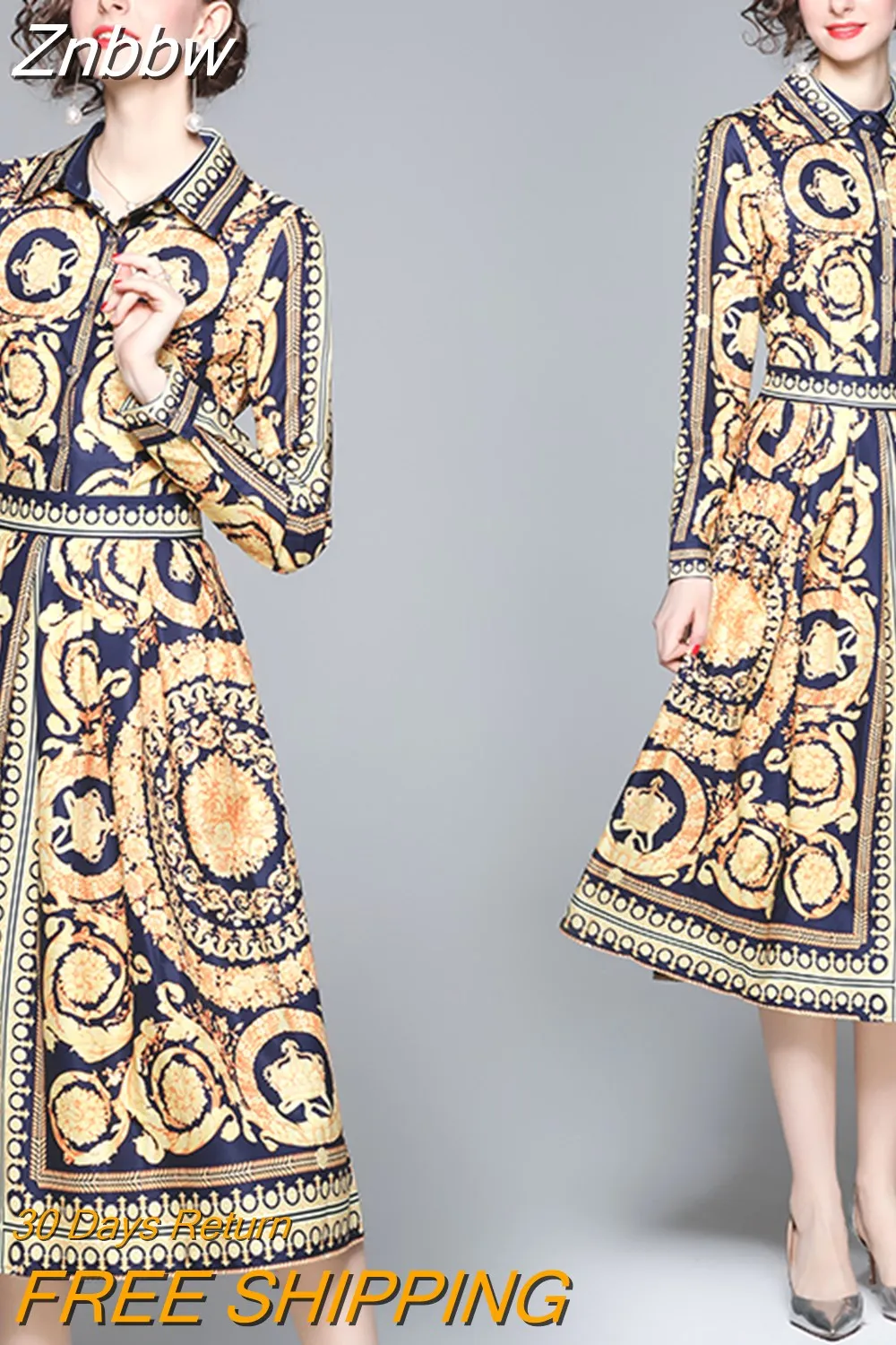 Znbbw 2023 Spring Summer Women Vintage Floral Print Midi Shirt Dress Female Lapel Chic Long Sleeve Casual Slim Vestidos - Image 4