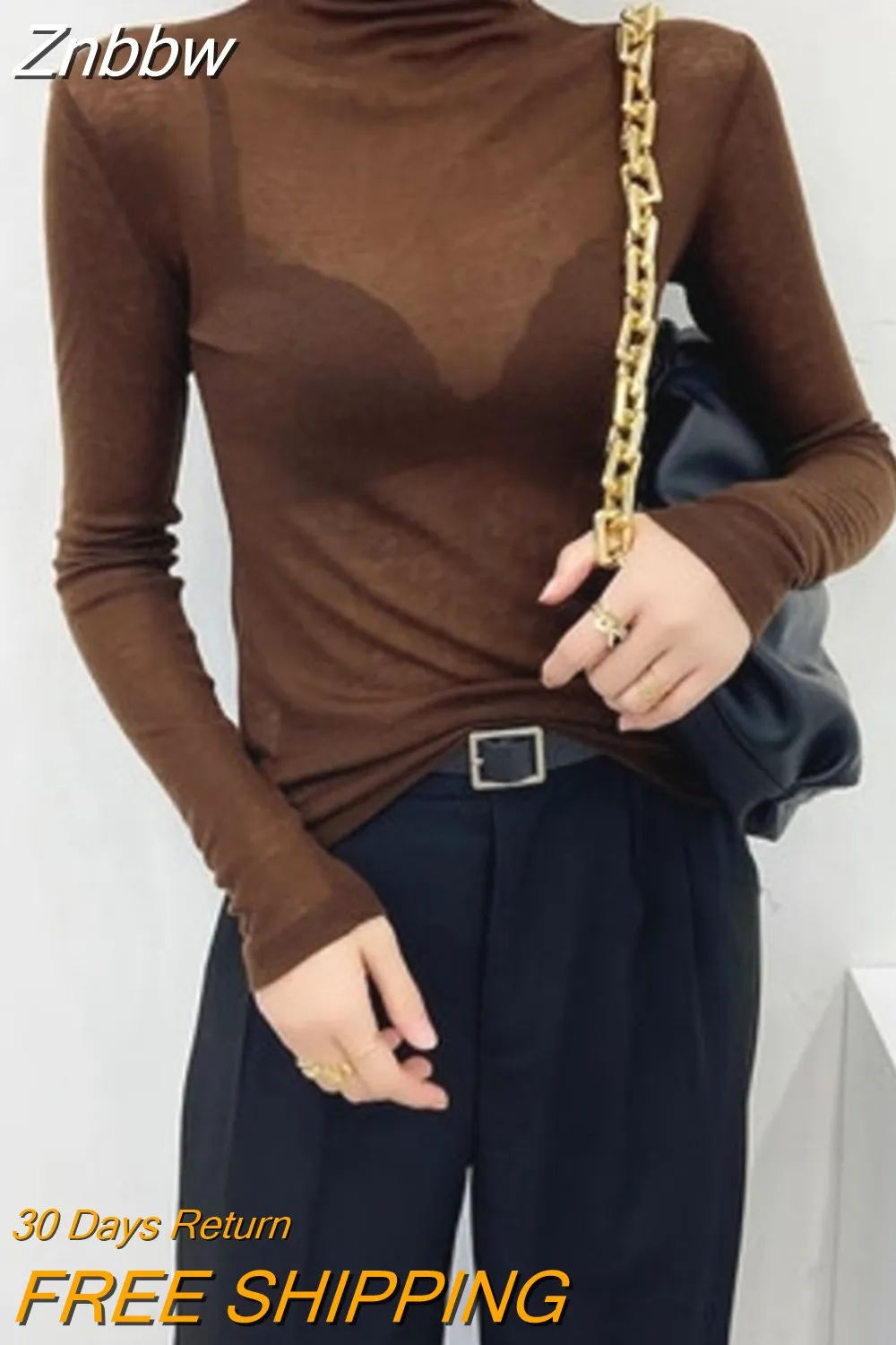 Znbbw Y2K Fashion Solid Turtleneck T Shirt Women Harajuku Sexy See Through Long Sleeve Tee Slim All-match Basic Pullover Tops - Image 6