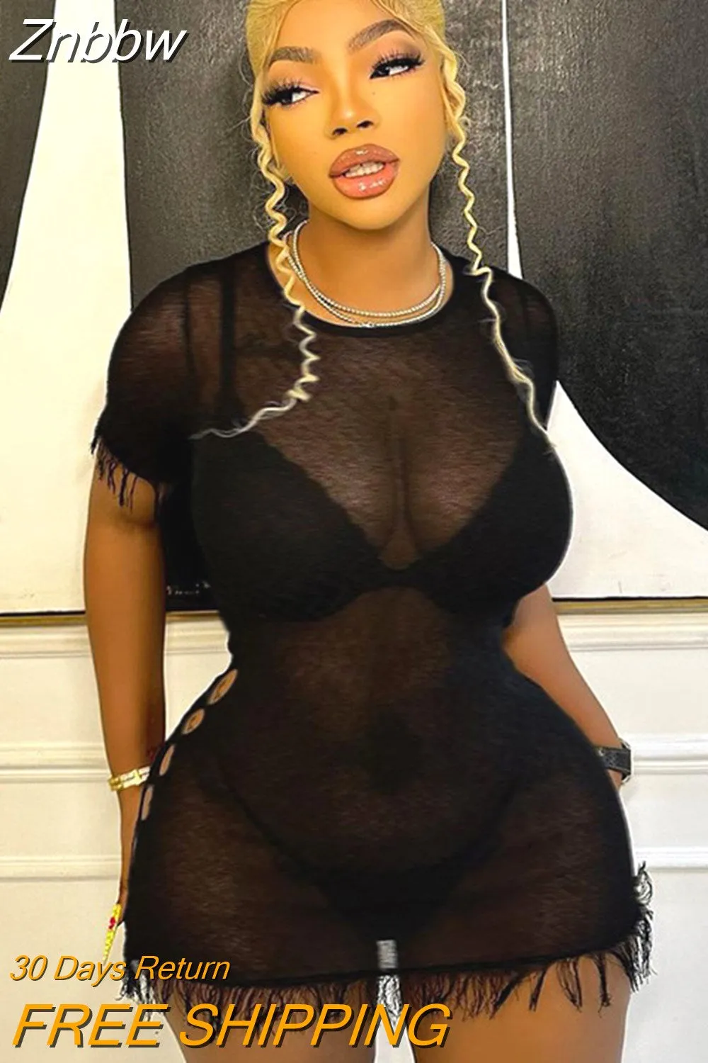 Znbbw Women Short Sleeve See Through Party Club Bodycon Short Mini Dress 2023 Summer Clothes Wholesale Items For Business - Image 2