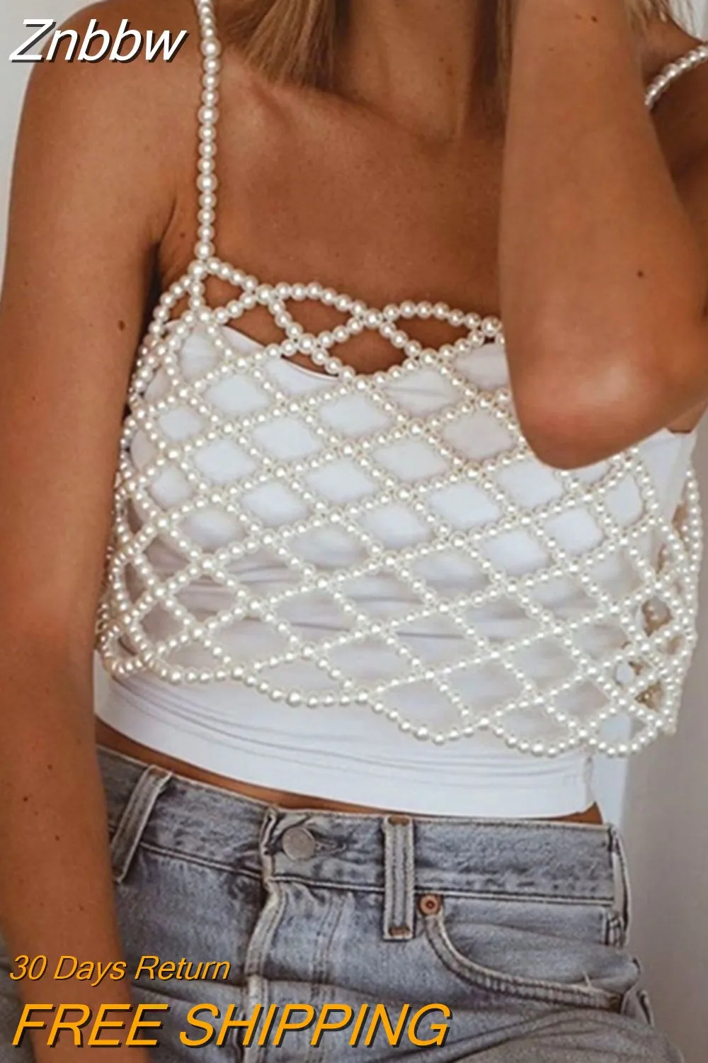 Znbbw Fashion Elegant Sexy Hollow Pearl Camisole Women V Neck Solid Color Sleeveless Tank Top Streetwear Summer Casual Crop Top - Image 4