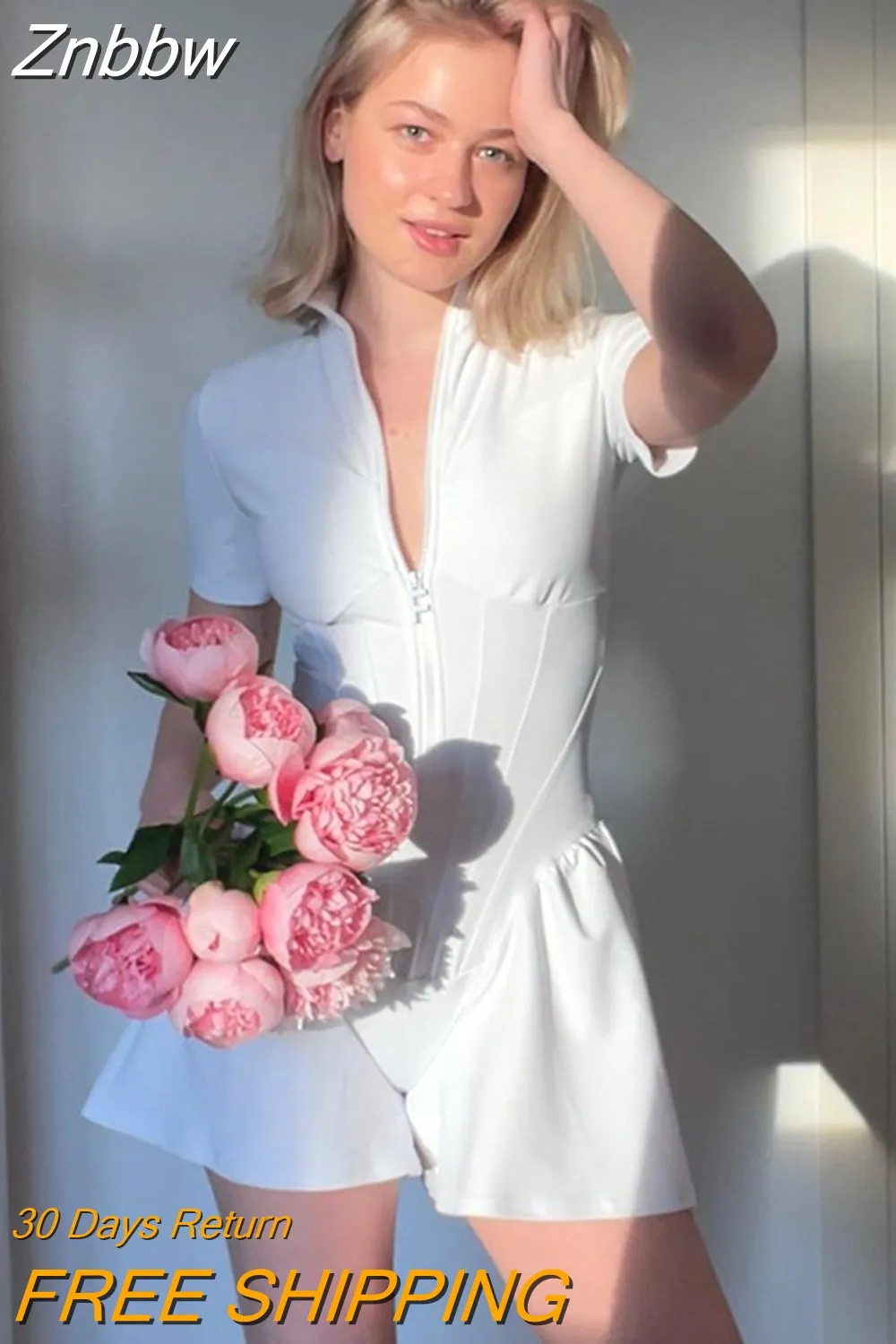 Znbbw Autumn Sexy Bodycon Playsuit Women Jumpsuit O Neck Short Sleeve Zipper Bodysuit Female Elegant Slim Playsuits Rompers - Image 3