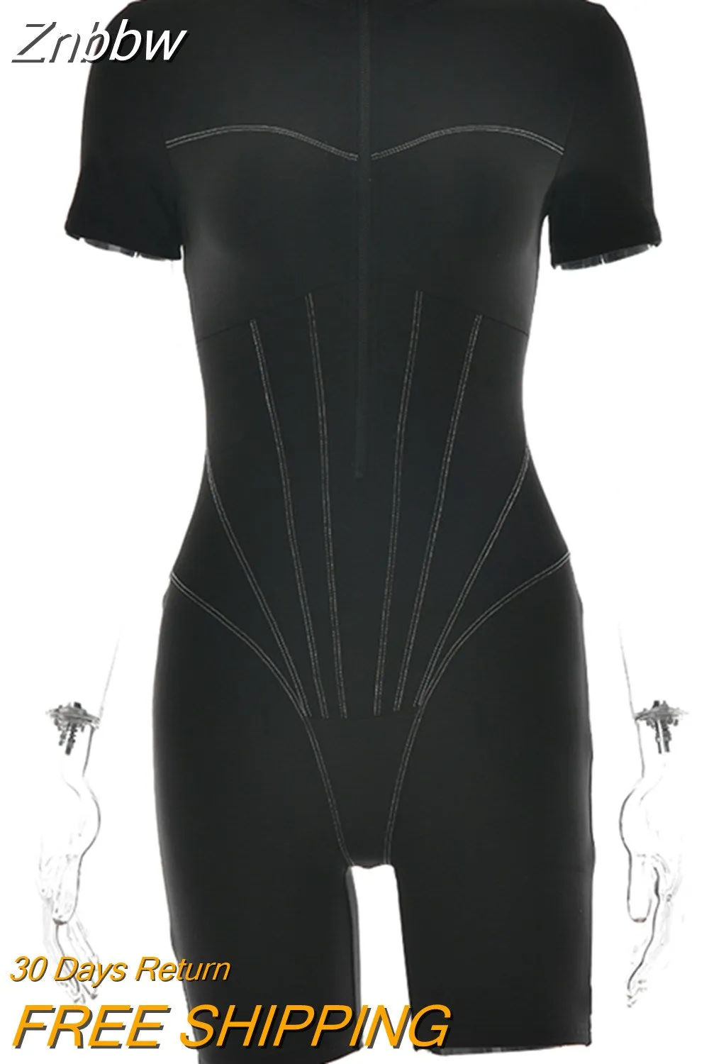 Znbbw 2023 New Short Sleeve Playsuit Women Overalls Spring Striped Zipper Sporty Rompers Ladies Casual Bodycon Playsuits - Image 3