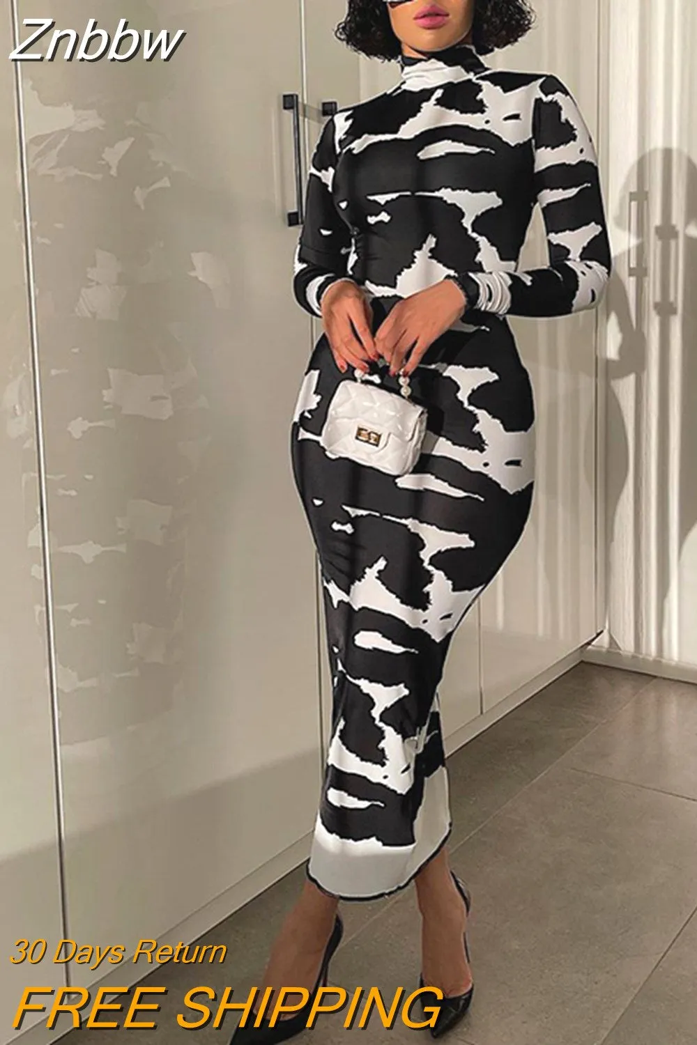 Znbbw Women Fashion Autumn Long Sleeve Printed Bodycon Pencil Long Dress Streetwear 2023 Fall Clothes Wholesale Items - Image 4