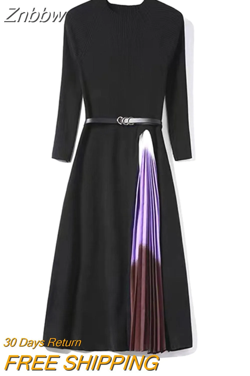 Znbbw Autumn Winter Retro Print Pleated Dress Women Elegant Knitted Gradient Patchwork Long Sleeve OL Midi Dress with Belt - Image 5