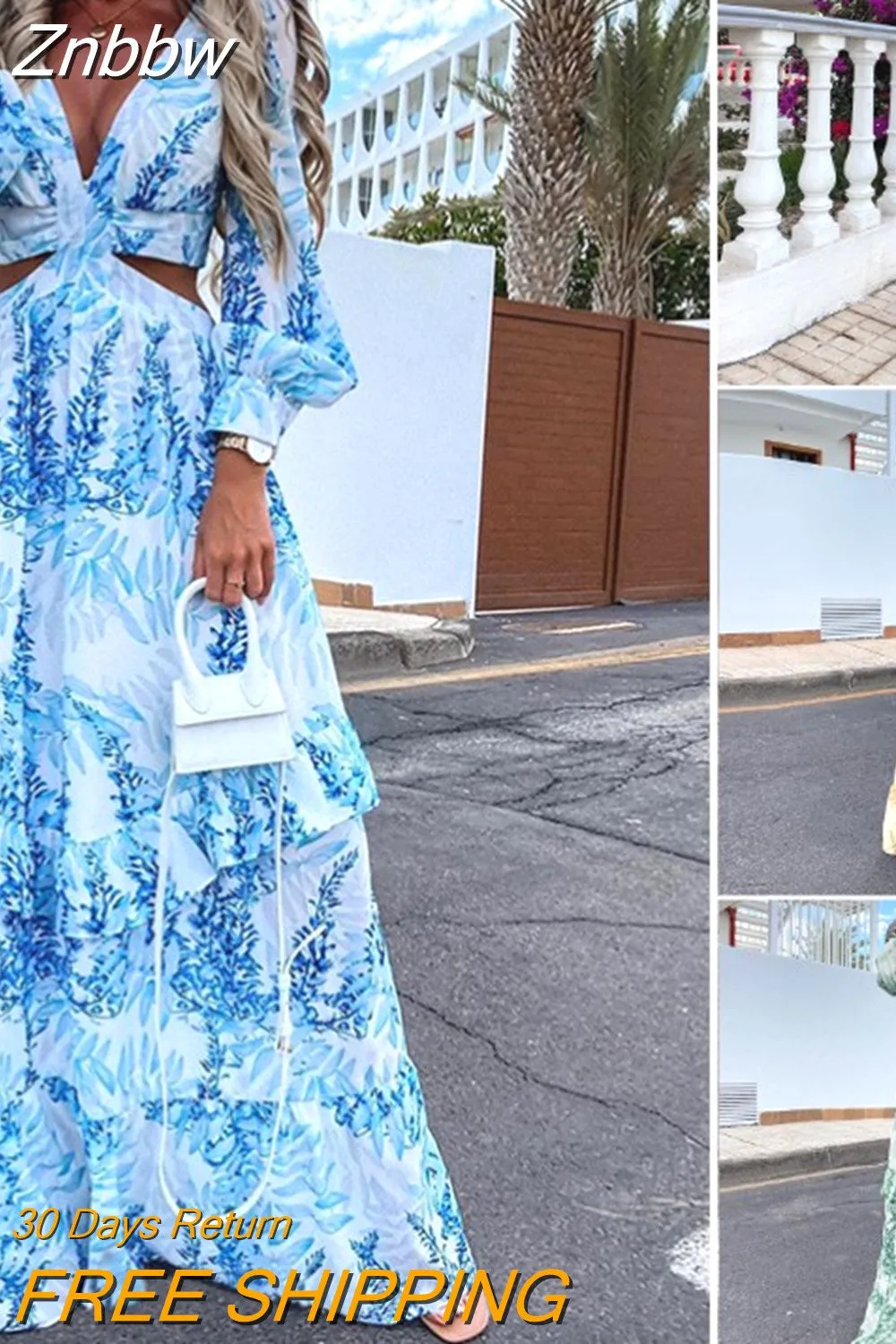 Znbbw Sexy Maxi Dress 2023 Women Club Party Long Dresses V-Neck Backless Hollow Out Lantern Floral Print Tunic Beach Cover Up