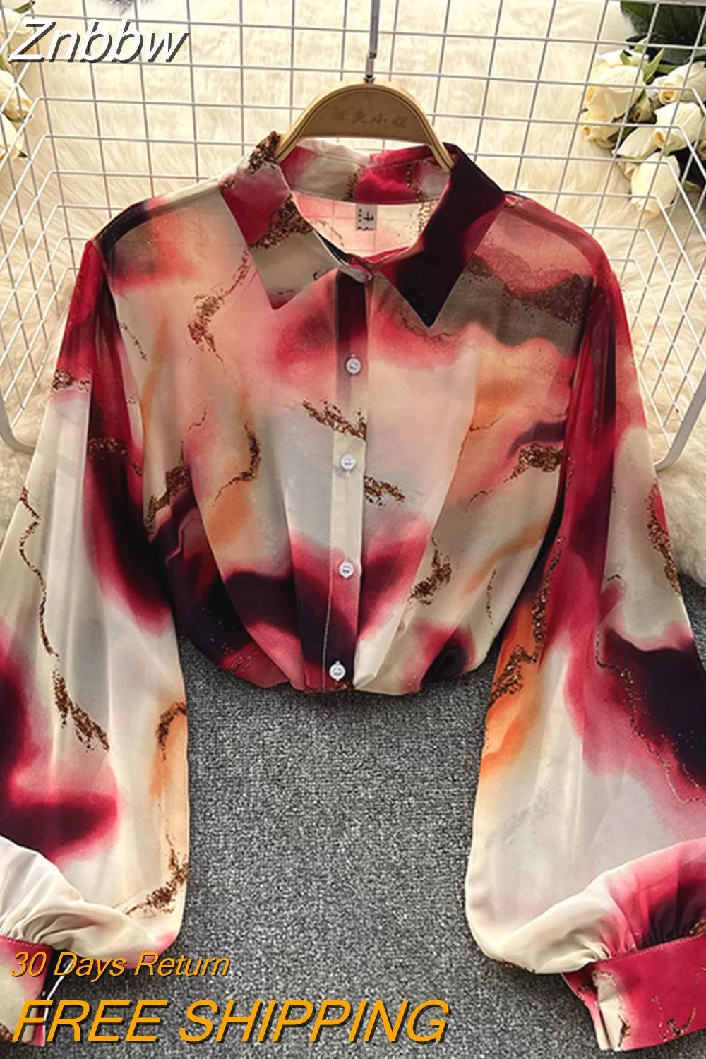 Znbbw Autumn Women's Korean Loose Versatile Long Sleeve Shirt Top New Lantern Sleeve Print Temperament POLO Collar Shirt G18 - Image 8