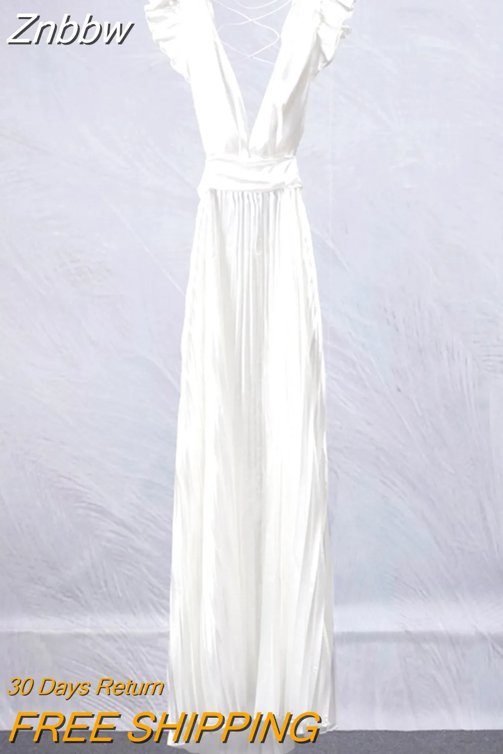 Znbbw Women Solid Backless Elegant Long Dresses V-neck Pleated A-line Sexy Frock 2023 Spring Summer Evening Party Casual Style Dress - Image 9