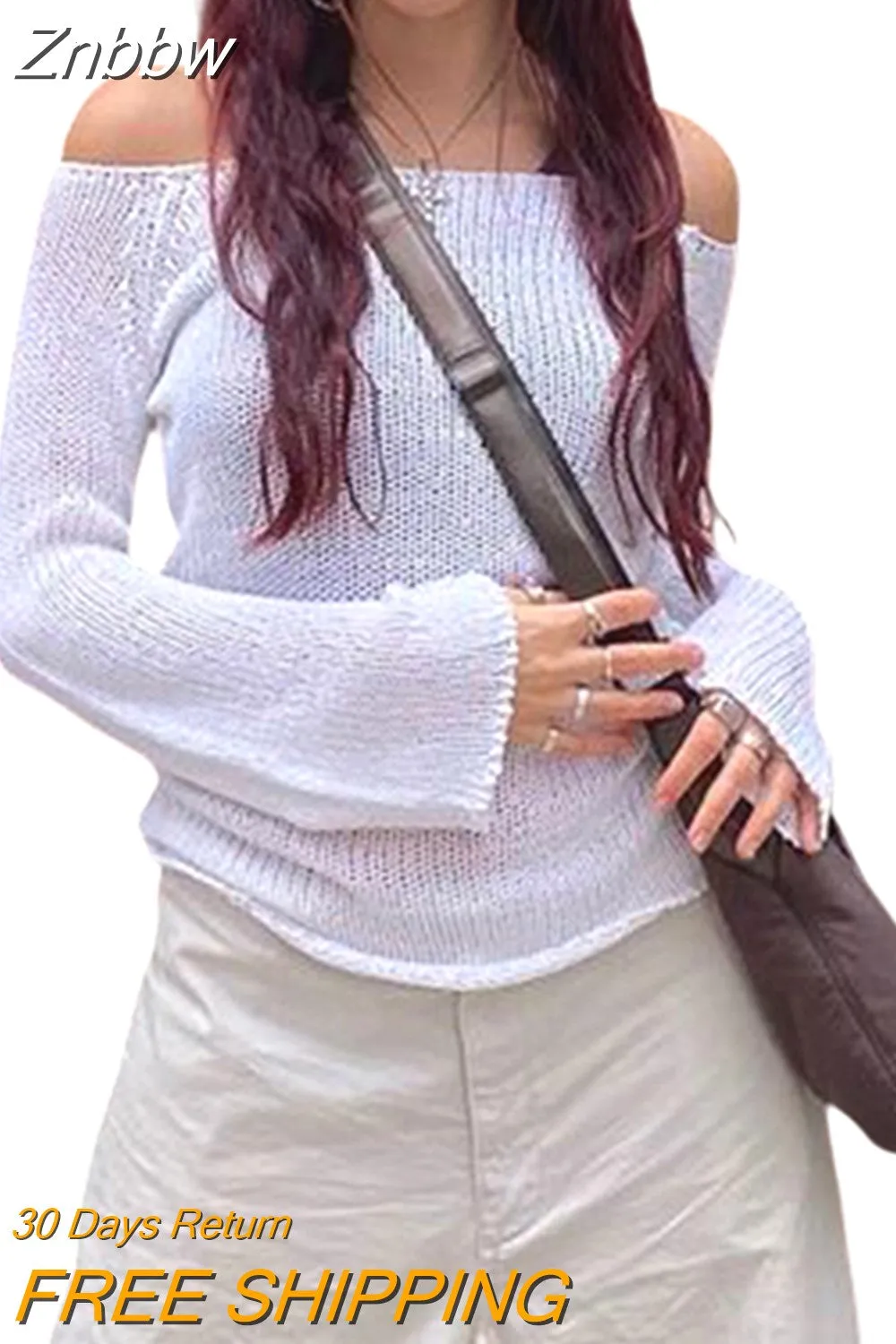 Znbbw Hollow Out Cropped Knit Smock Top Vintage Loose Vintage Crochet Pullovers Flare Sleeve Casual Fairycore Chic Cloth - Image 4