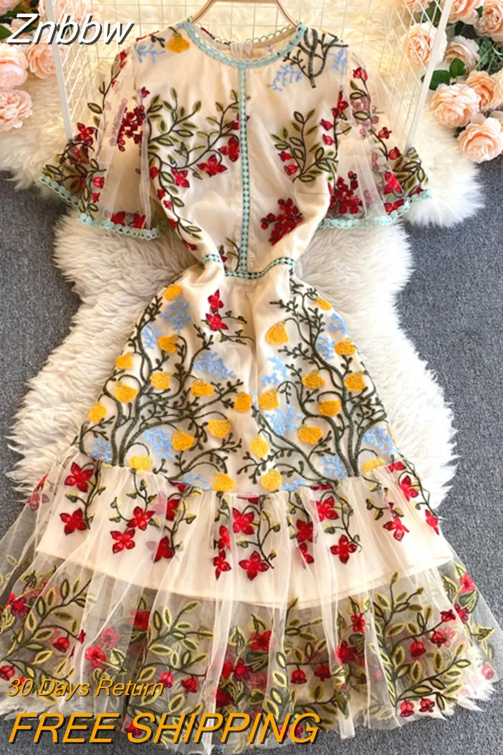 Znbbw 2023 Fashion Runway Summer Dress Women's Flare Sleeve Floral Embroidery Elegant Mesh Hollow Out Midi Dresses - Image 2