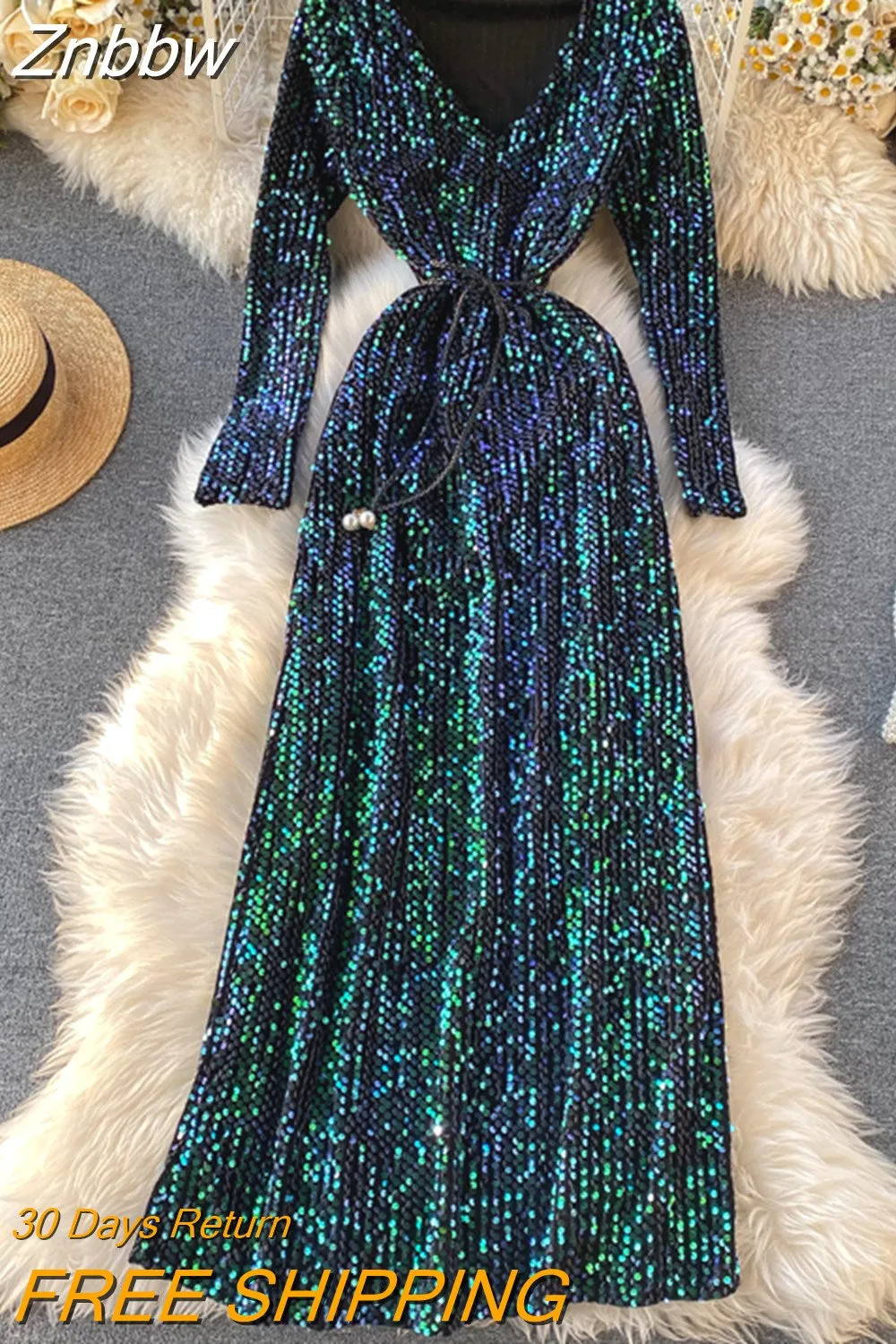 Znbbw Women's Party Dress Long-sleeved Dress New Sequin Temperament Banquet Host Elegant V-neck Waist Lacing Dress Sexy Dress Y454 - Image 8