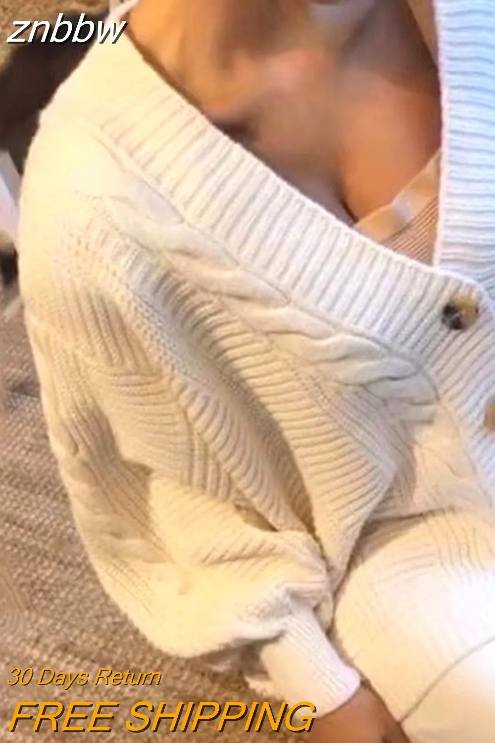 znbbw Women Knitting Two Pieces Sweater Suit Hemp Flower V-Neck Single-Breasted Cardigan + Pants Lady Winter Casual Sweater Set - Image 3