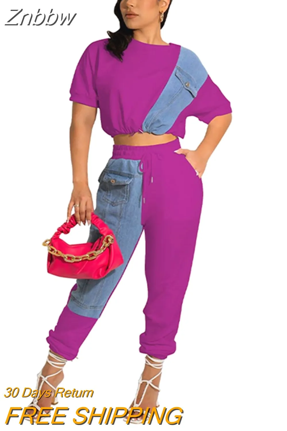 Znbbw Jean Patchwork Women Two 2 Piece Set 2023 Summer Tee And Jogger Pants Matching Set Female Suits - Image 6