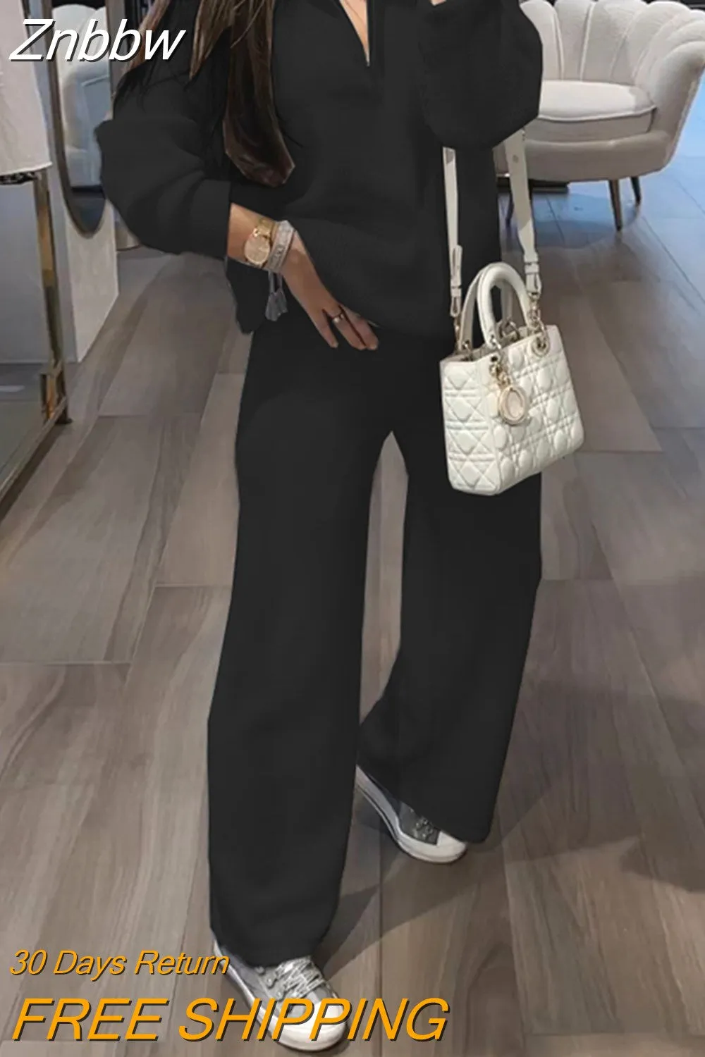 Znbbw Women Two Piece Set Autumn Fashion Commuting Solid V Neck Zipper Long Sleeves Pants Sets High Streetwear - Image 3