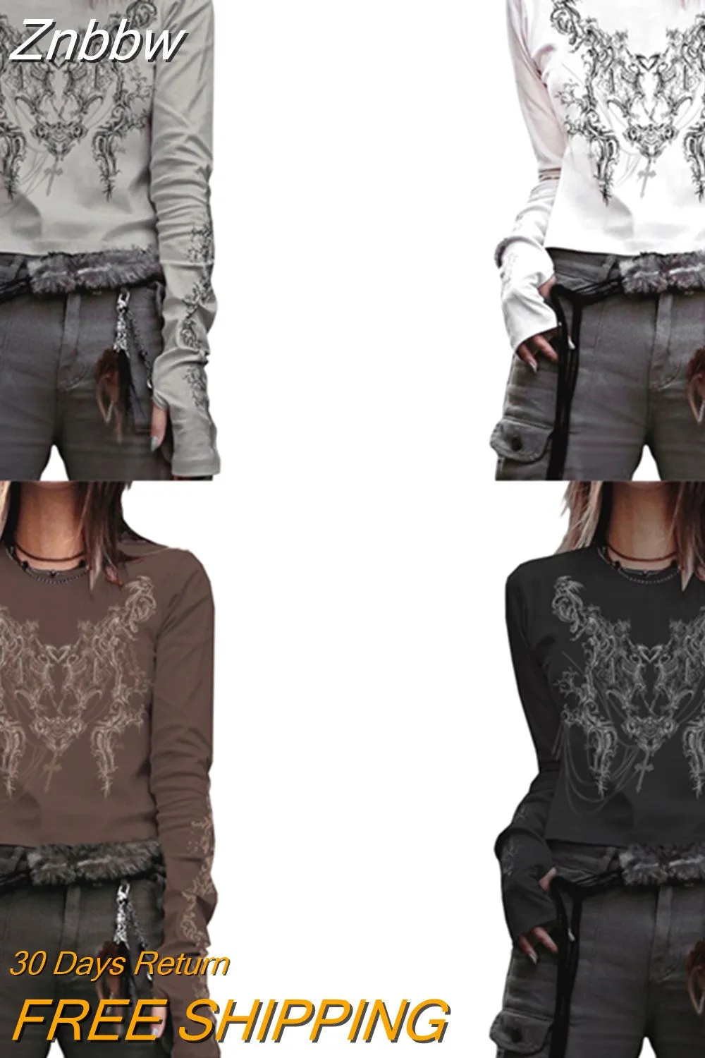 Znbbw Floral T Shirt O Neck Full Sleeve Cute Harajuku Basic Casual T Shirt Women Spring Autumn Outfits Grunge Tee 90s Chic Tops