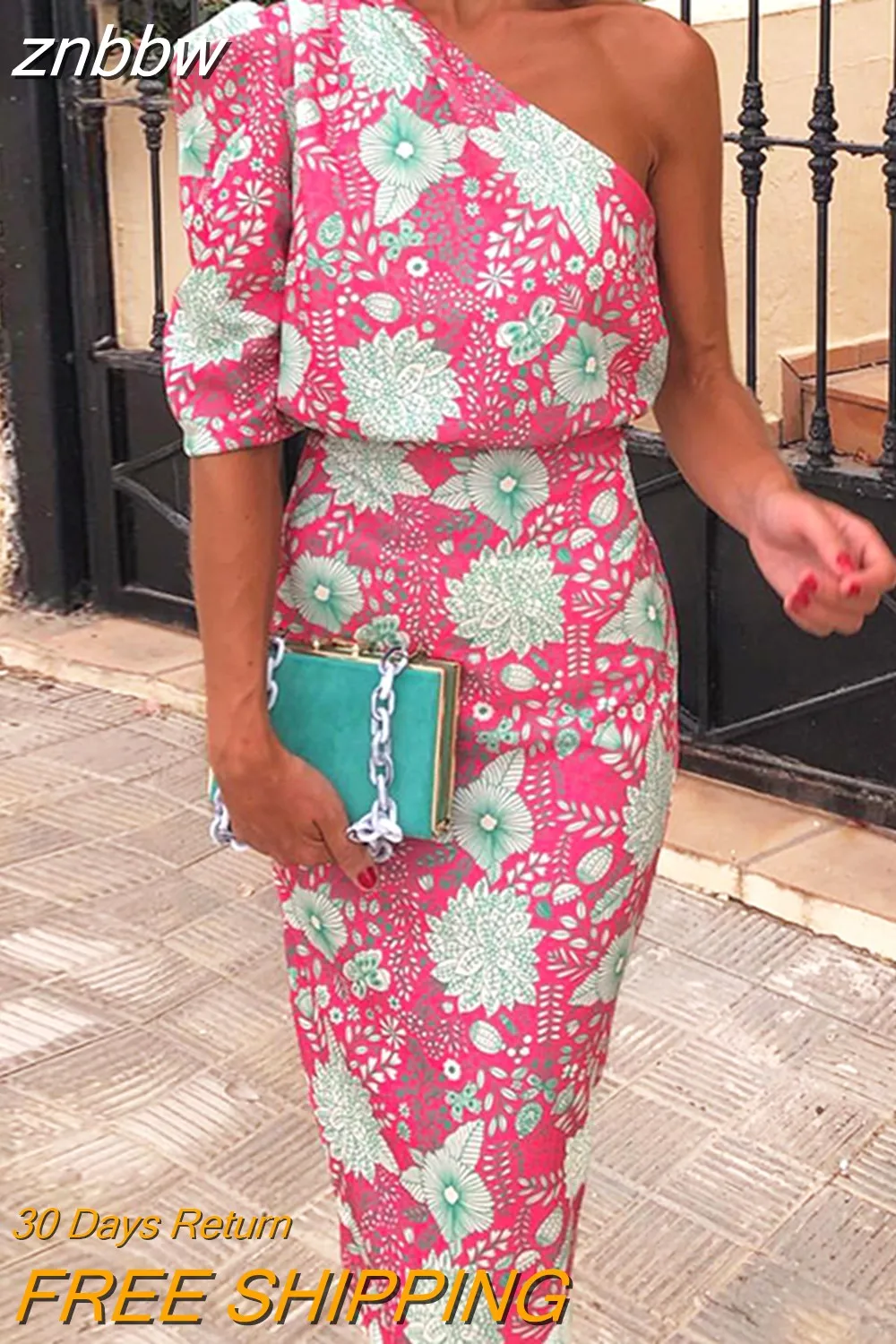 znbbw Women Sexy Backless Banquet Dress Spring Summer Fashion Print Lady Party Dress Elegant One Shoulder Puff Sleeve Slim Long Dress - Image 2