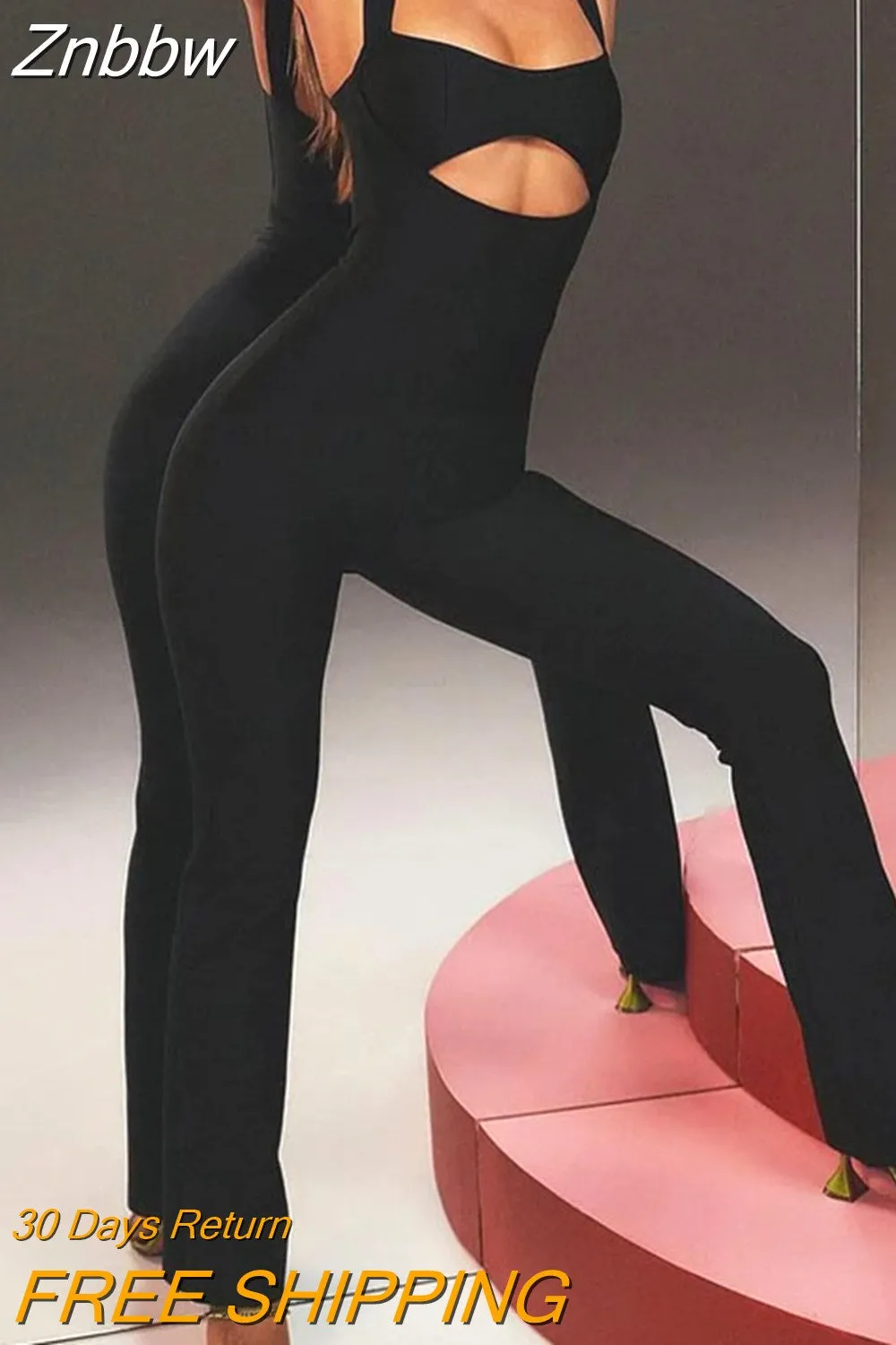 Znbbw Women's Jumpsuit Summer Sexy Sleeveless Cutout Backless Nipped Waist Zipper Solid Flare Pants Bodycon Romper Streetwear