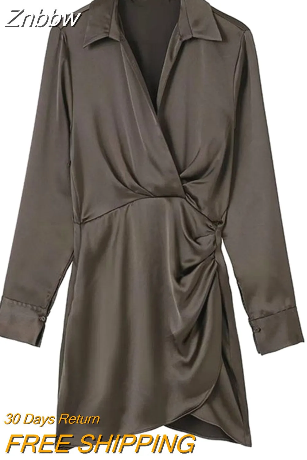 Znbbw 2023 Women Fashion Pleated Soft Touch Wrap Mini Dress Vintage Long Sleeve Side Buttons Female Dresses Vestidos 202304 - Image 12