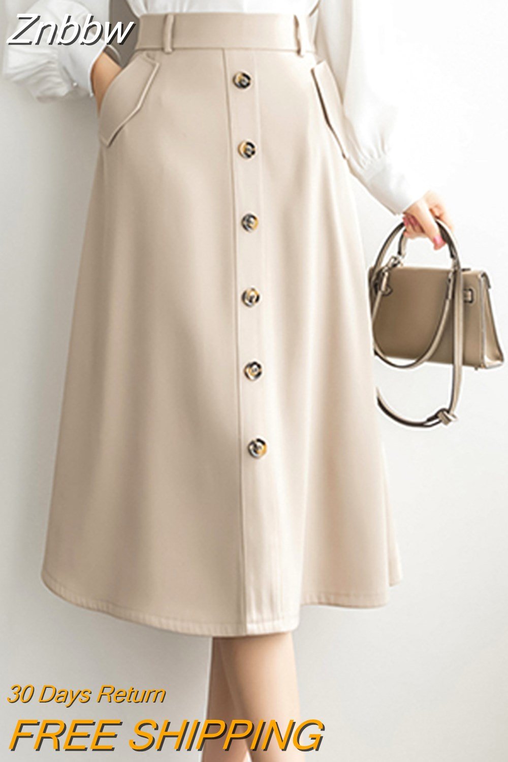 Znbbw Women's Skirts High Waist Single-Breasted Midi Skirts With Poakets Elegant Office All-Match Casual A-Line Skirts Jupe Femme