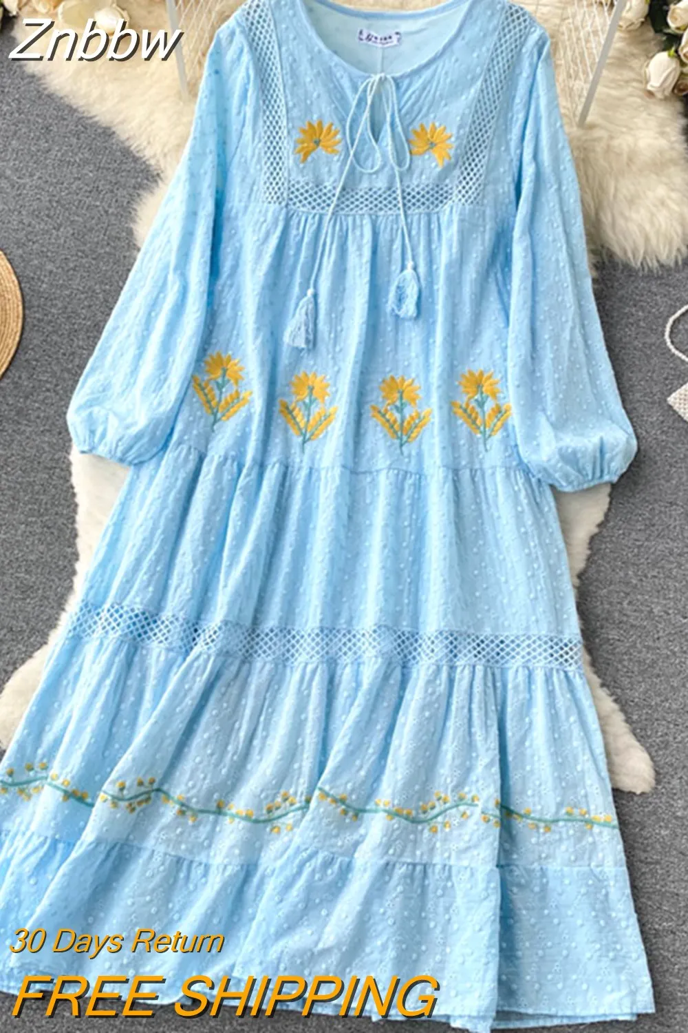 Znbbw Autum New Bohemian Holiday Style V Neck Dress Female Puff Sleeves Loose Large Version Mid-length Vestidos Women D1331 - Image 4