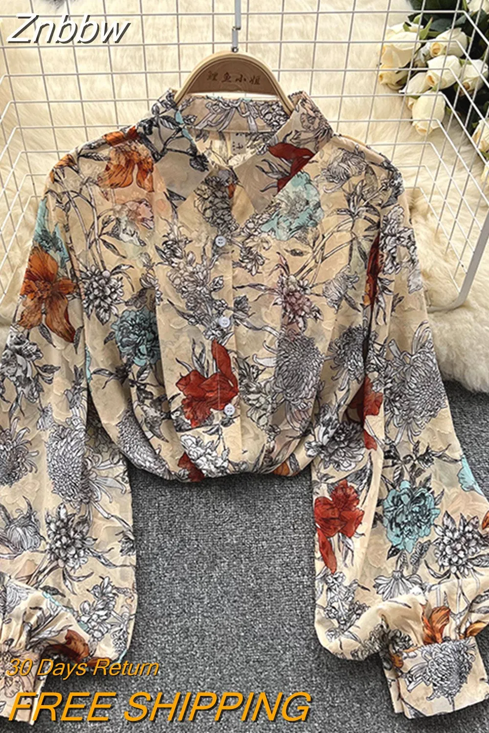 Znbbw Autumn Temperament Fashion Retro Chiffon Floral Blouses Print Loose Lapel Puff Sleeve Top Button Up Shirt Female GD611 - Image 12