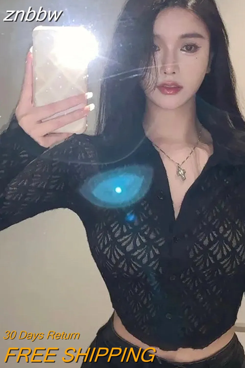 znbbw 2023 Summer Sexy Long Sleeve Lace White Shirt Women Street Style Y2K Button Transparent Crop Tops New Female Clothing - Image 2