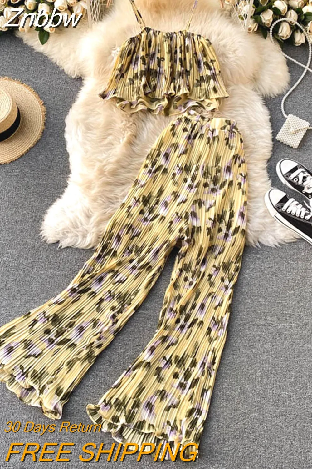 Znbbw Women's Summer Sets Vacation Style Printed Short Camisole Pleated High-waist Wide-leg Pants Two-piece New Casual Sets LL956 - Image 5