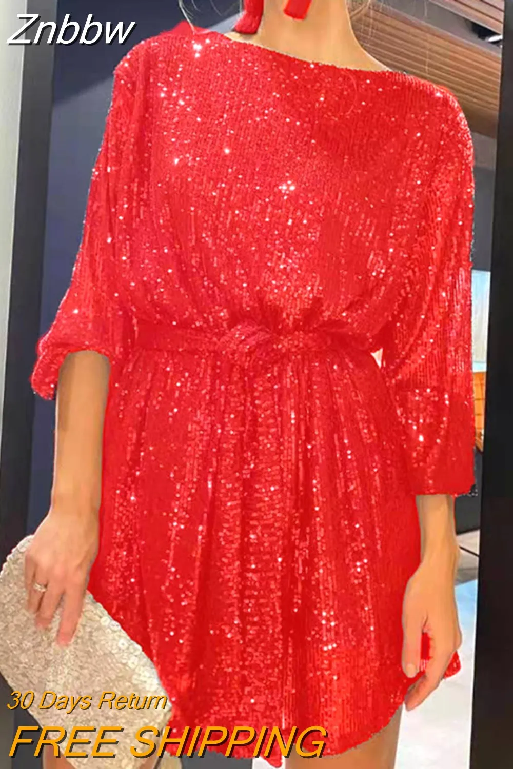 Znbbw Autumn Fashion Light Gold Sequined Gitter Sexy Bodycon Mini Dress Women O Neck Long Sleeve Lace Up Evening Party Dresses - Image 7