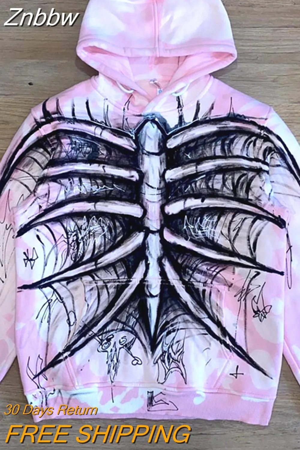 Znbbw Print Oversized Hoodie Men Punk Sport Loose Coat Harajuku Pink Gothic Streetwear Long Sleeve Fashion Sweatshirt Unisex Top - Image 4