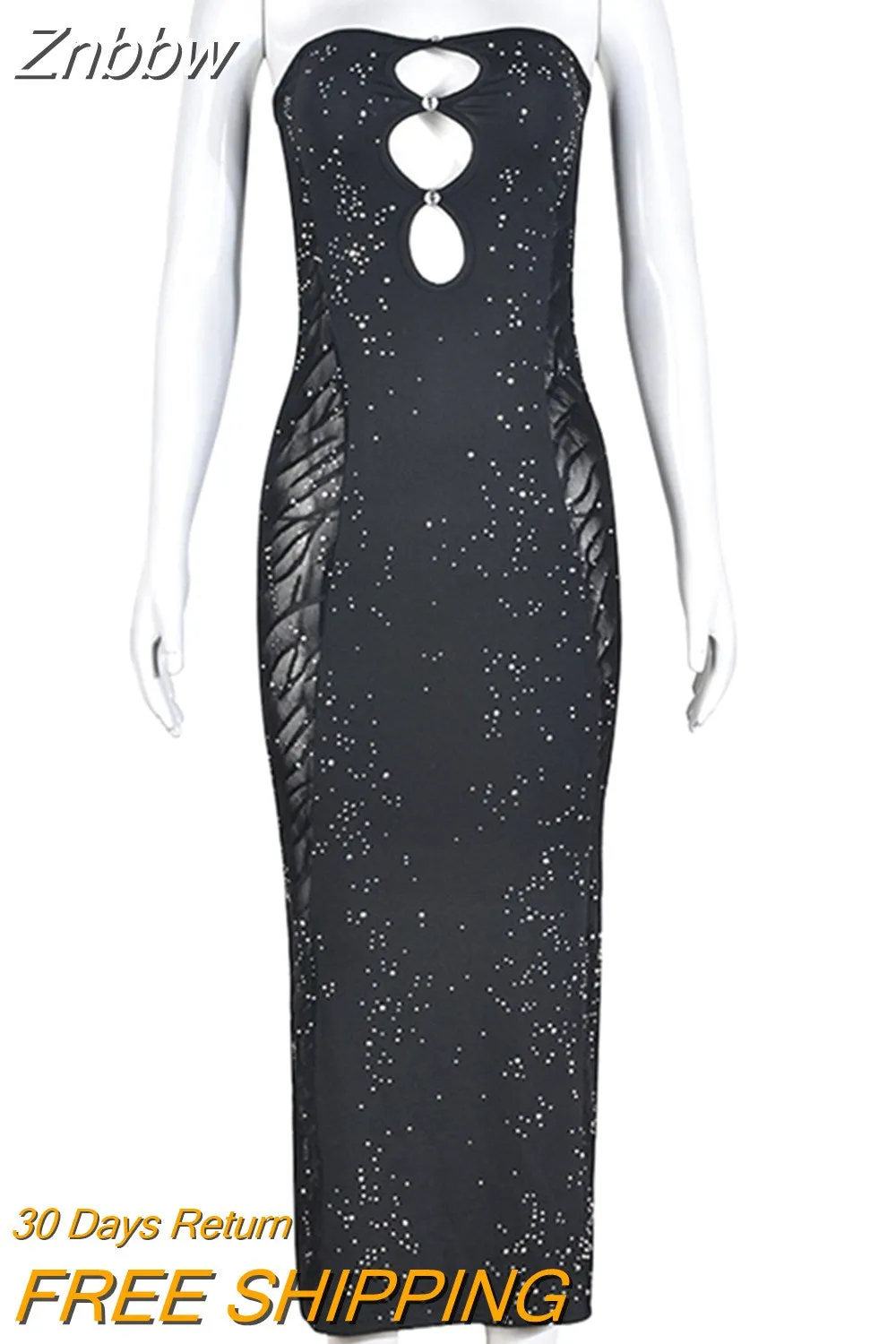 Znbbw Strapless Backless Cut Out Midi Dress Women Sleeveless Glitter Slim Fit Robe 2023 Spring Fall Harajuku Fairy Grunge Clothes - Image 3