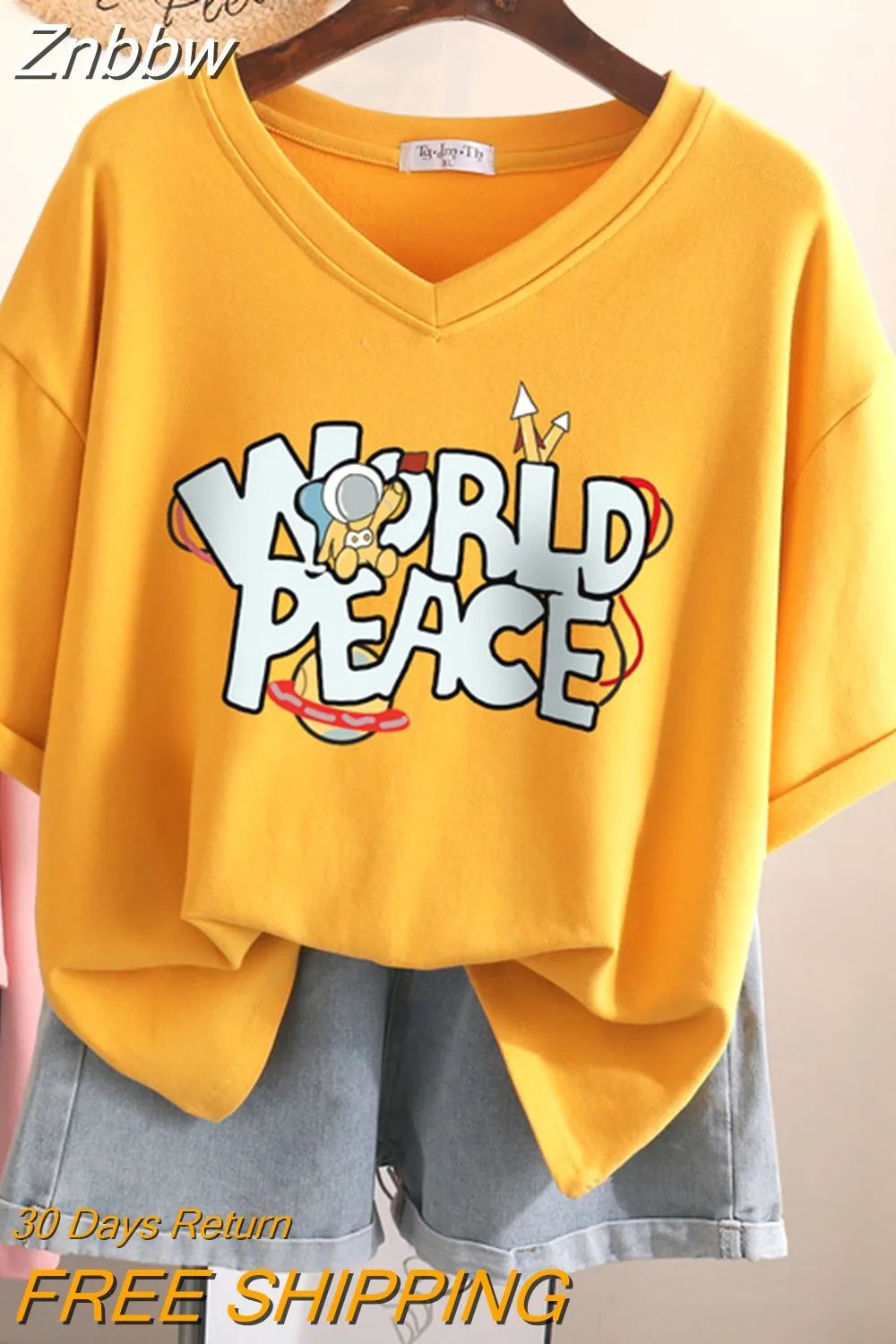 Znbbw 100 Cotton L-5XL T Shirt Plus Size Tshirt Short Sleeve Women Top Summer Letter Print Couple V Neck Oversized T Shirts - Image 2