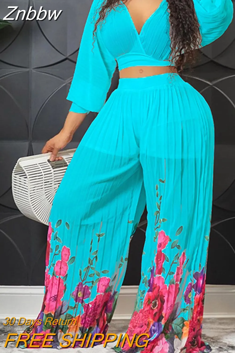 Znbbw Women Print Pleated Wide Leg Pants 2 Piece Sets Solid V-neck Long Sleeves Crop Tops Suits Summer female Floral Vacation Outfits - Image 6