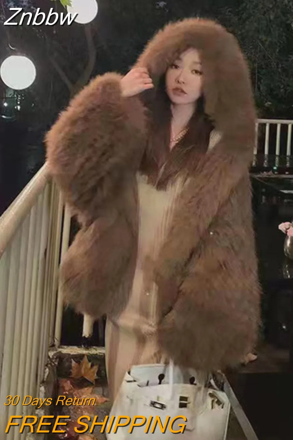 Znbbw Women Winter Loose Hooded Bat Full Sleeve Casual Faux Fur Jacket Lady Slim Thick Warm Soft Outwear 2023 New Fashion Overwear - Image 9