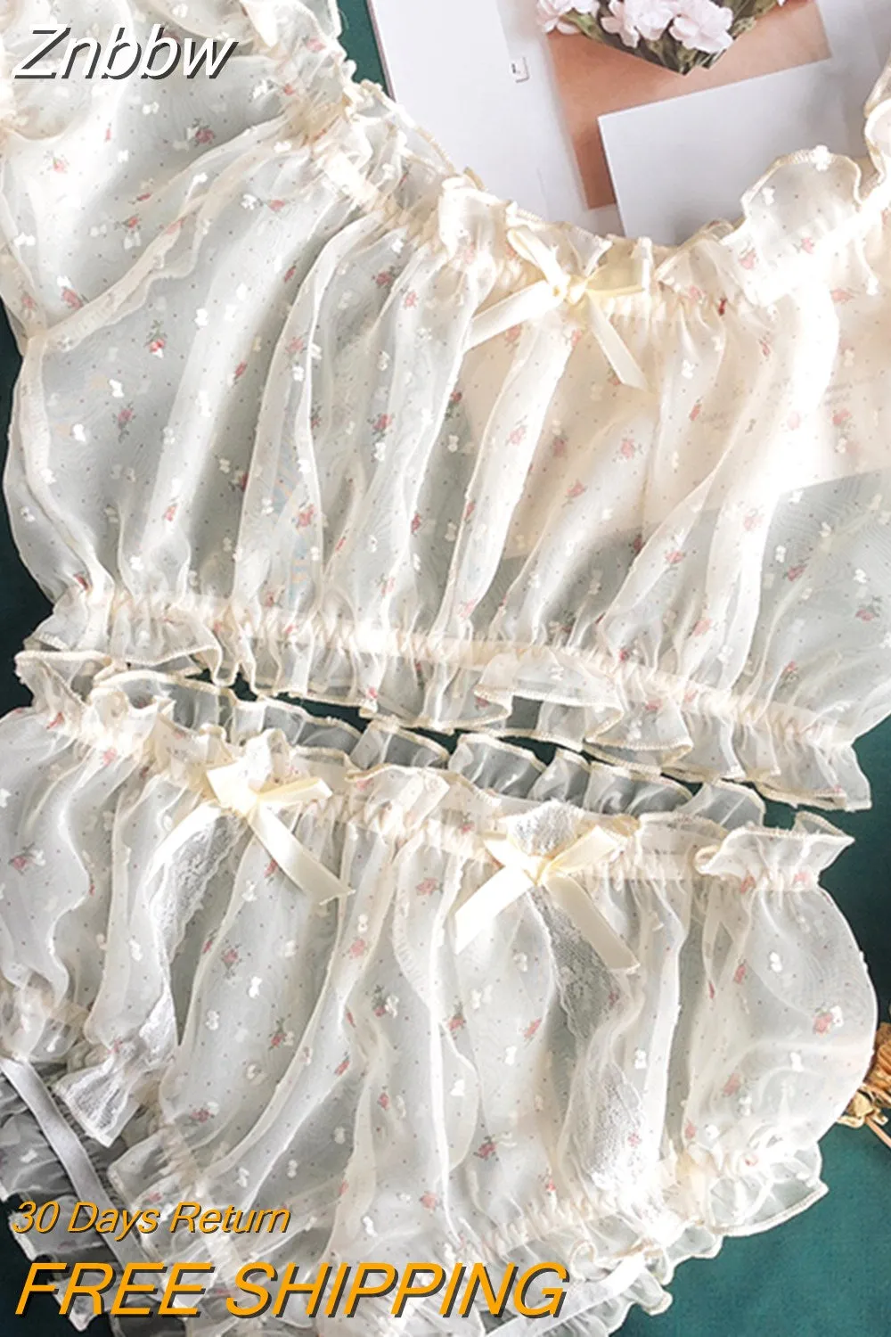 Znbbw Women Sheer Stars Ultra-thin Gauze Ruffles Off Shoulder Sleeve Tops Shorts Leg Ring Underwear Set Temptation Sexy Pajamas 912 - Image 4