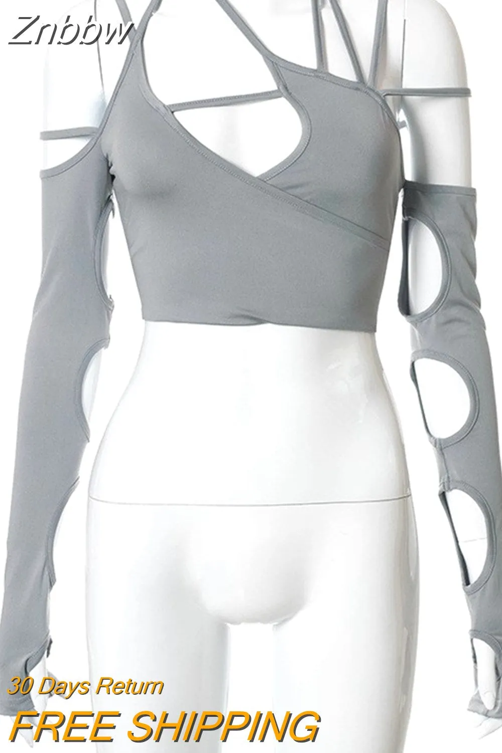 Znbbw Y2k Punk Women's Halter Tops E-girl Patchwork Long Sleeve Crop Top Sexy Cut Out Casual Dark Streetwear Techwear T-shirts - Image 4