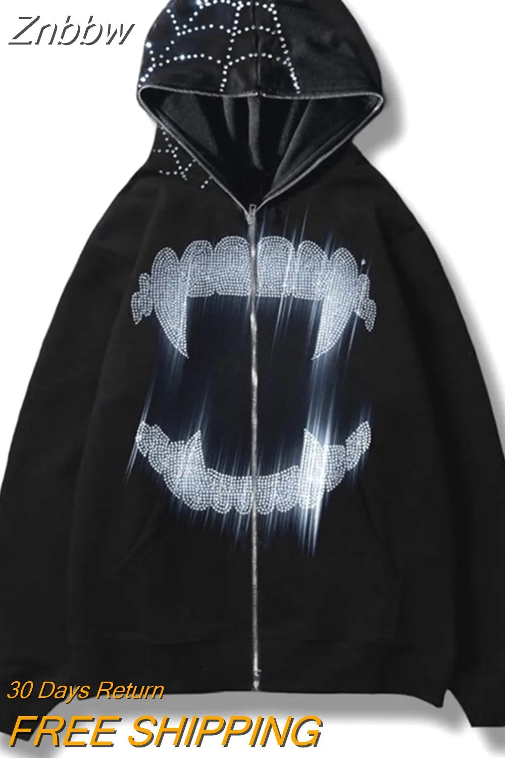 Znbbw Zip Hoodies Rhinestone Spider Print Oversized Goth Hoodie Men's Harajuku Punk Grunge Sweatshirt Jacket Y2k Hip Hop Jacket - Image 8