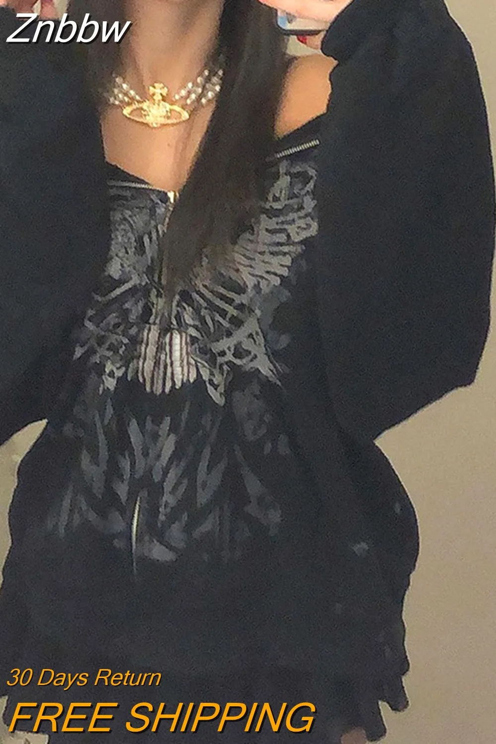 Znbbw Winter Women Tracksuit Y2k Grunge Punk Butterfly Print Oversize Zip Up Hoodies Harajuku Loose Casual Sweatshirt Streetwear