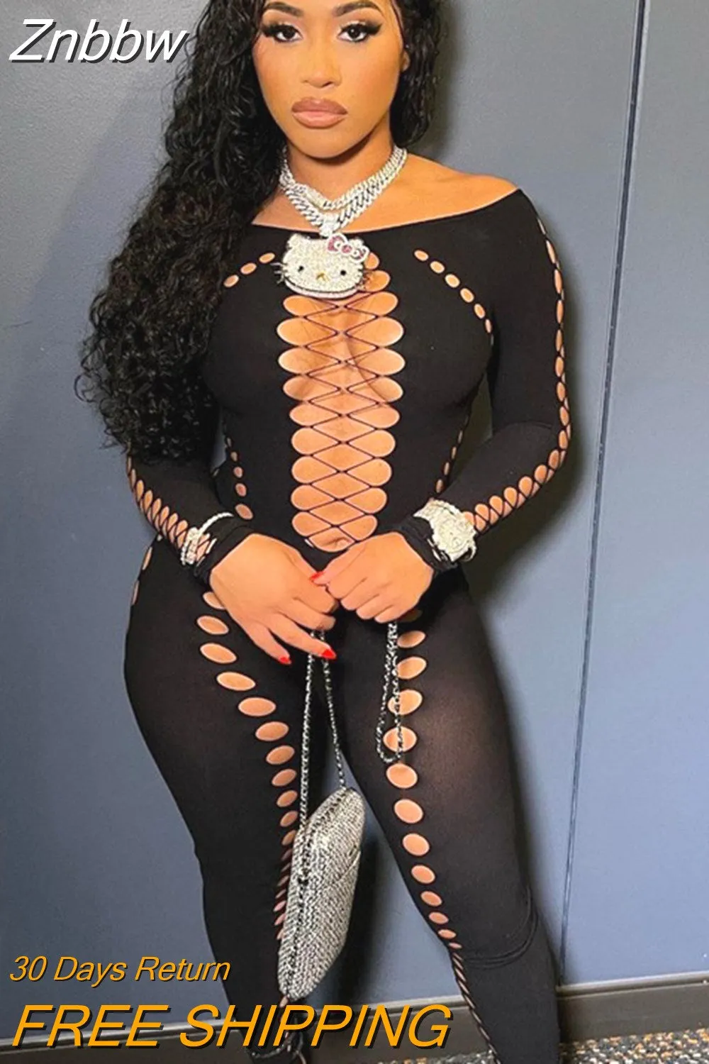 Znbbw Women Sexy Long Sleeve Hollow Out Bodycon Black Jumpsuit Overalls 2023 Fall Clothing Wholesale Items For Business - Image 4