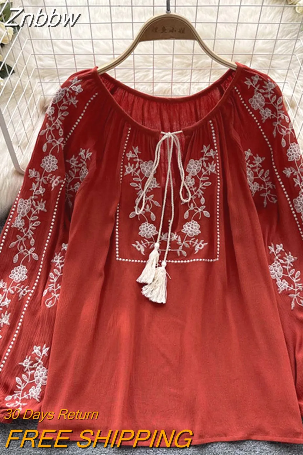 Znbbw Women Spring Summer Blouse French Printed Shirt New Loose Long Sleeve Design Small Retro Lantern Sleeve Embroidery Top D2532 - Image 4