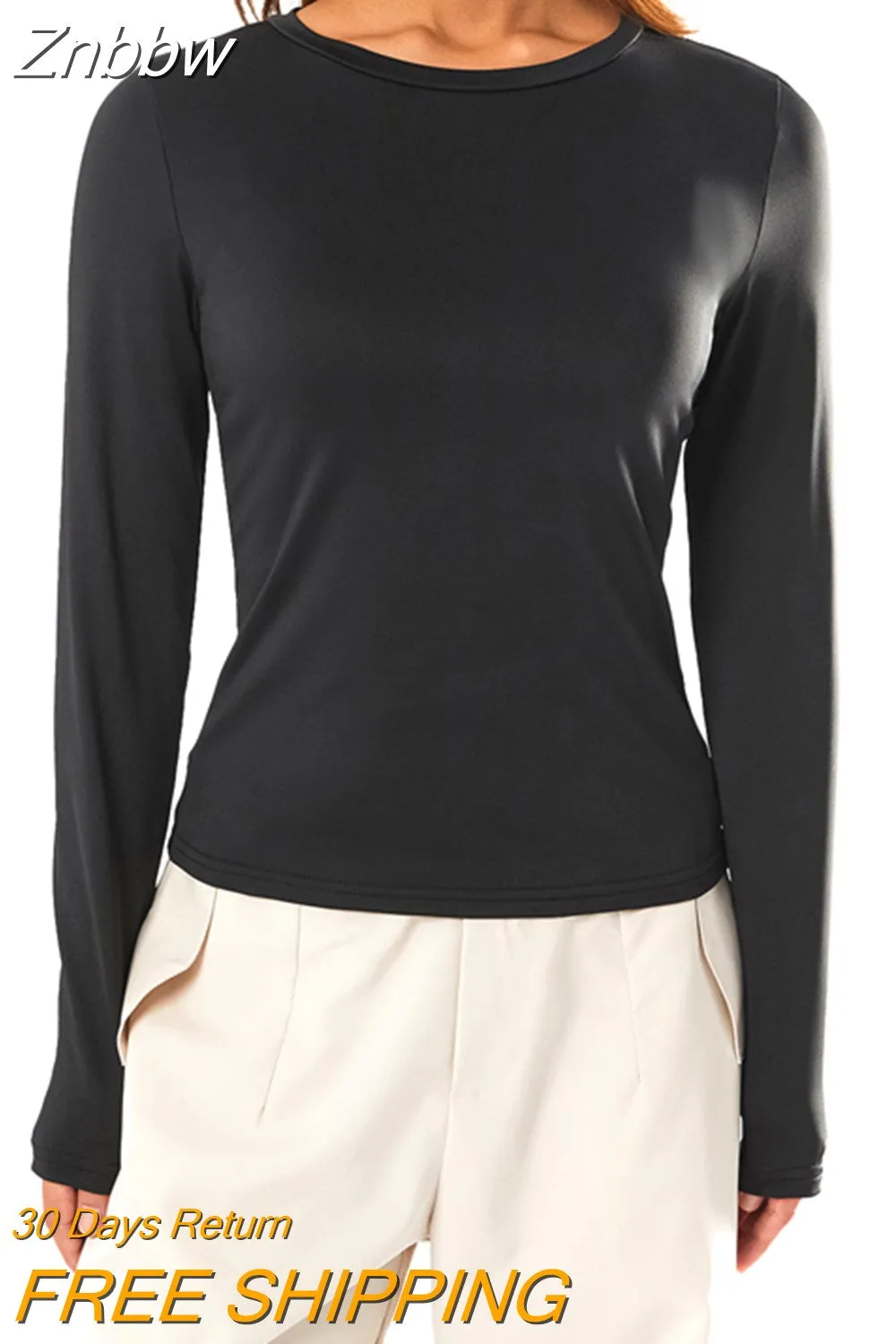 Znbbw Women's Slim Fit Going Out Crop Tops Casual Solid Color Crew Neck Long Sleeve Tight Tee Shirt Basic Streetwear 90s y2k Tees - Image 8