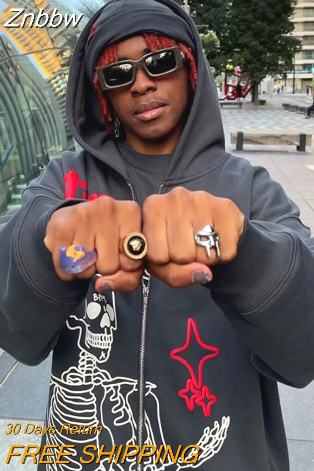 Znbbw Korea Fashion Skull Skull Anime Print Zip Sweatshirt Streetwear Men Women Hoodie Goth Hip Hop Harajuku Couple Sweatshirts