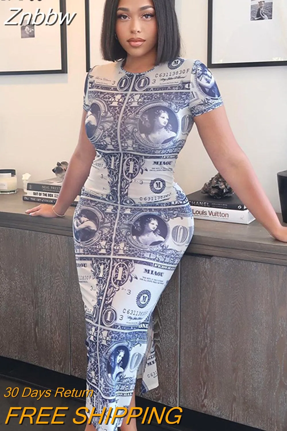 Znbbw Women Fashion Summer Short Sleeve Printed Bodycon Pencil Split Long Dress 2023 Female Clothing Streetwear