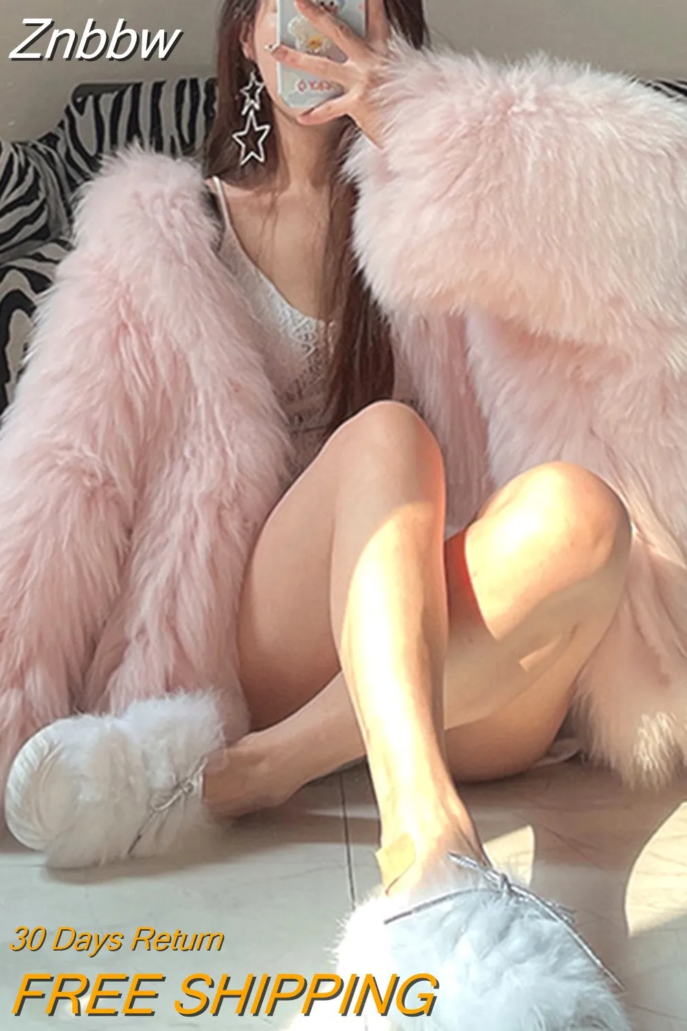 Znbbw Women Winter Loose Hooded Bat Full Sleeve Casual Faux Fur Jacket Lady Slim Thick Warm Soft Outwear 2023 New Fashion Overwear - Image 4