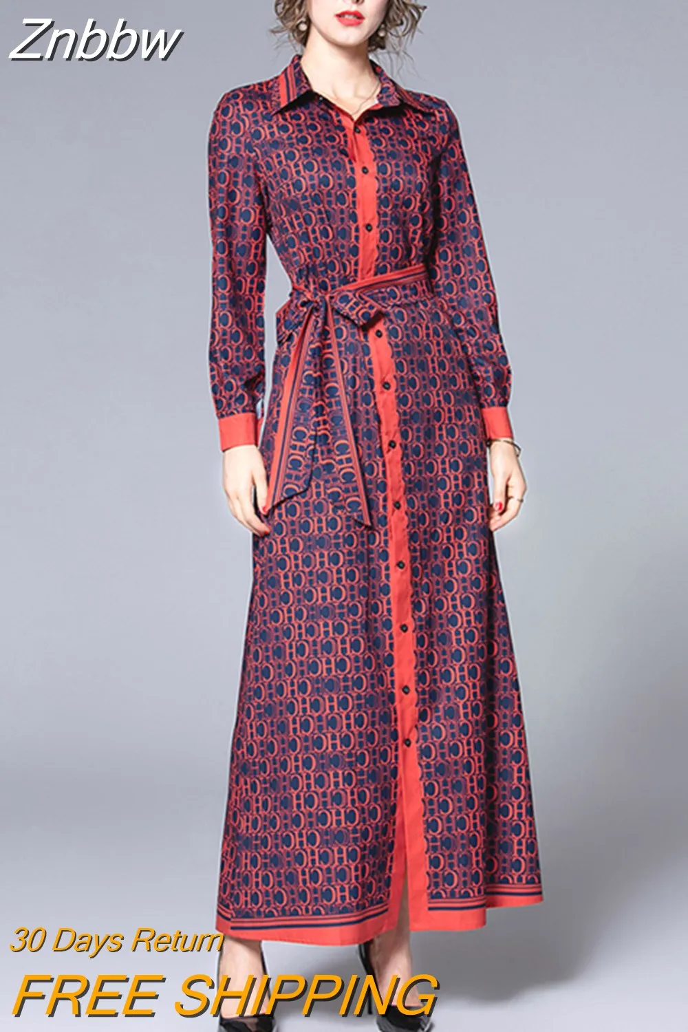 Znbbw Fashion Letters Print Red Vintage Maxi Dress Women Turn Down Collar Long Sleeve Belt Lace Up A-Line Party Vestidos N8849