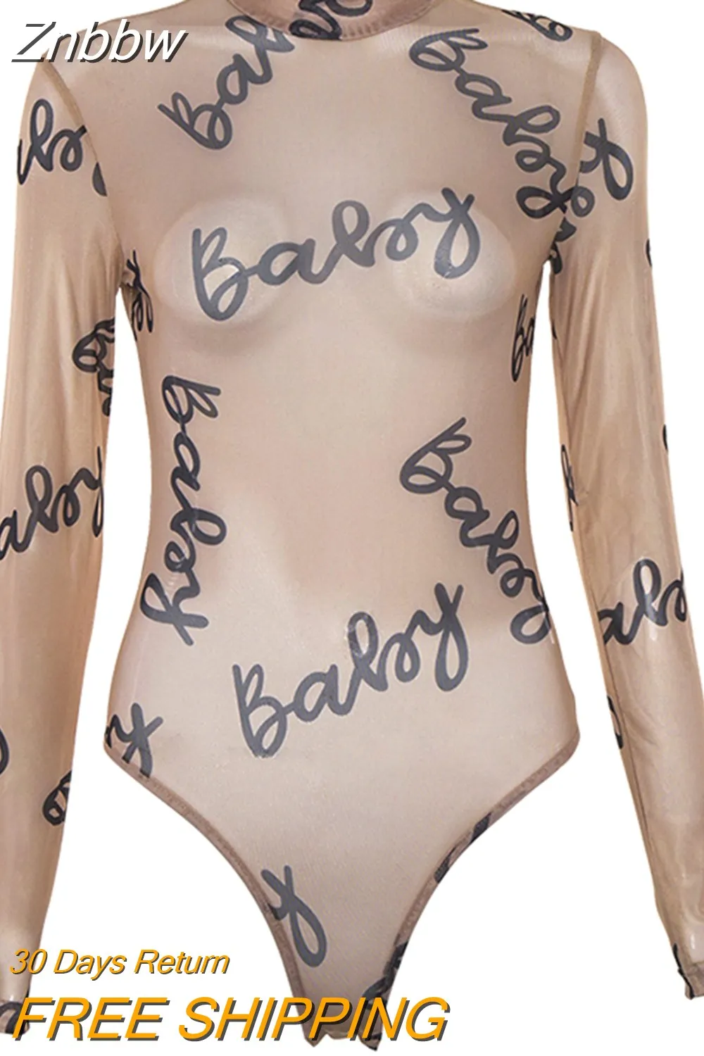 Znbbw 2023 Summer Sexy Letter Print Transparent Mesh Bodysuits Long Sleeve See Through Baby Bodycon Rompers Women Jumpsuits - Image 2