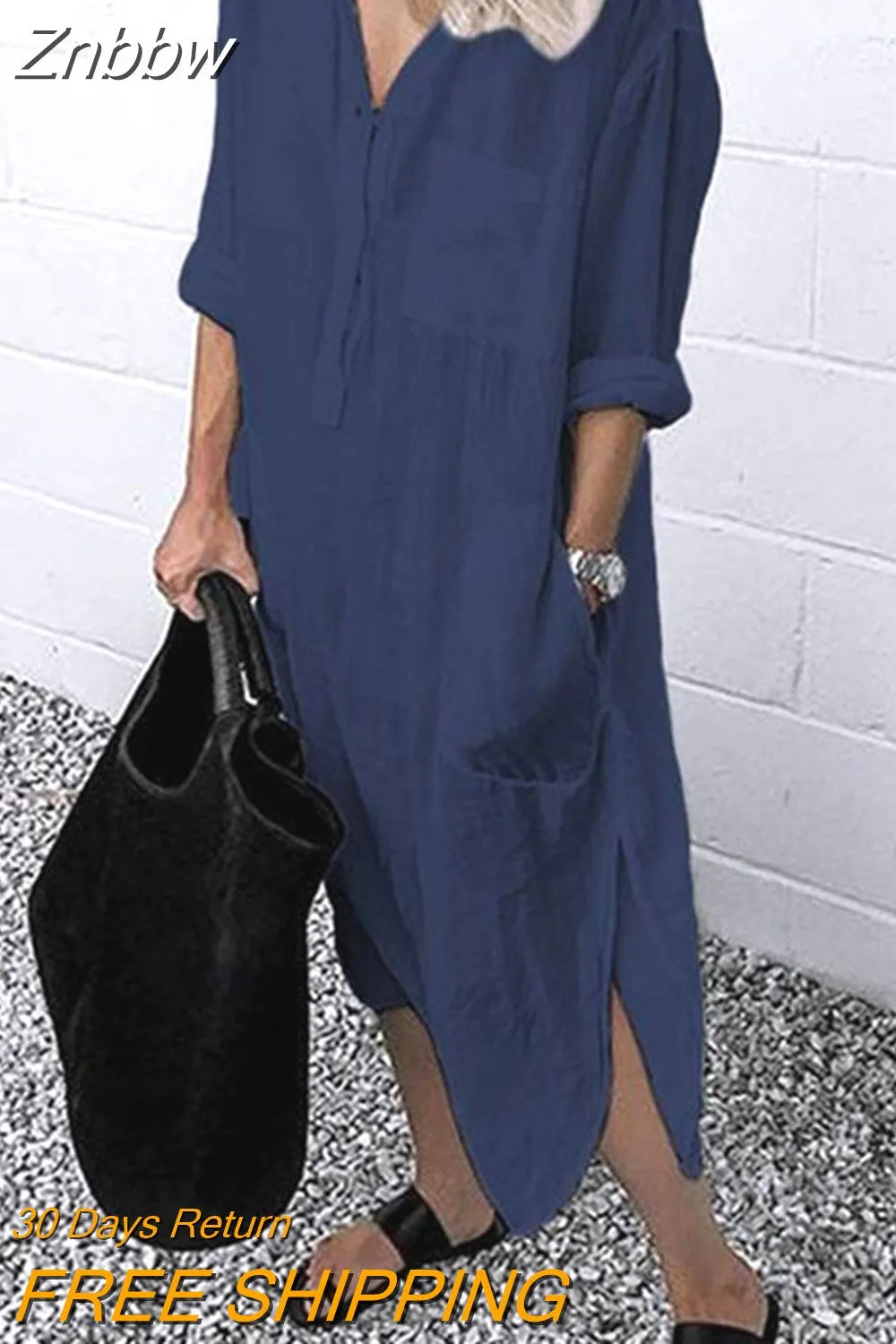 Znbbw Women Lapel Long Sleeve Shirt Dress Summer Solid Color Slit Pocket Button Shirt Female Casual Holiday Beach Party Loose Dresses - Image 2