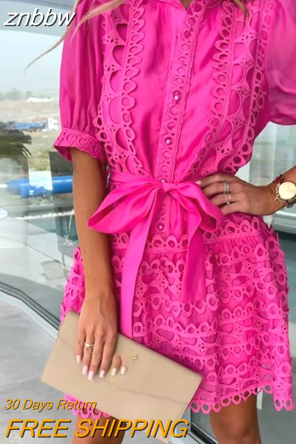 znbbw Women Hollow Out Embroidery Pattern Mini Dress Casual Retro Pearl Button Dress Fashion Ladies Lace Stitching Belted Shirt Dress - Image 3