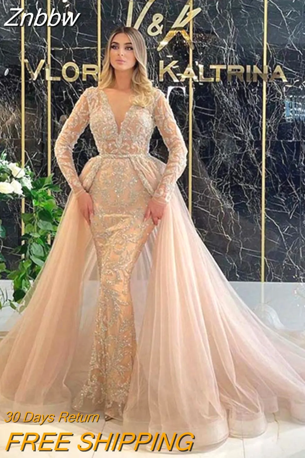 Znbbw Women Mermaid Deep V Neck Long Sleeve Gowns Lady Lace Hollow Out Simple Long-sleeved Dress 2023 Fashion Champagne Gold Robe