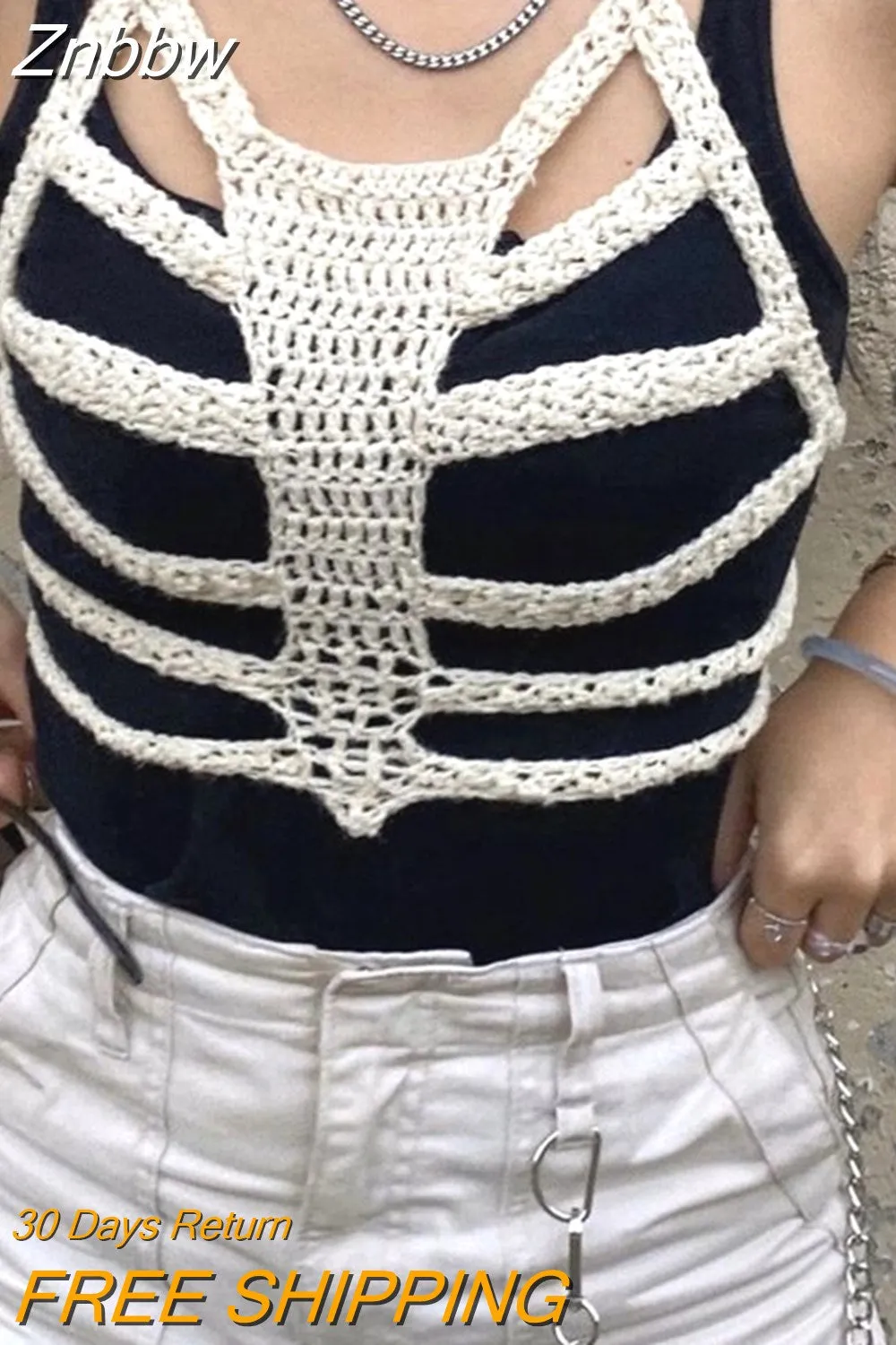 Znbbw Skeleton Skull Pattern Knitted Tank Corset Gothic Bustier Women Sleeveless Hollow Crop Top Summer Casual Camis Streetwear