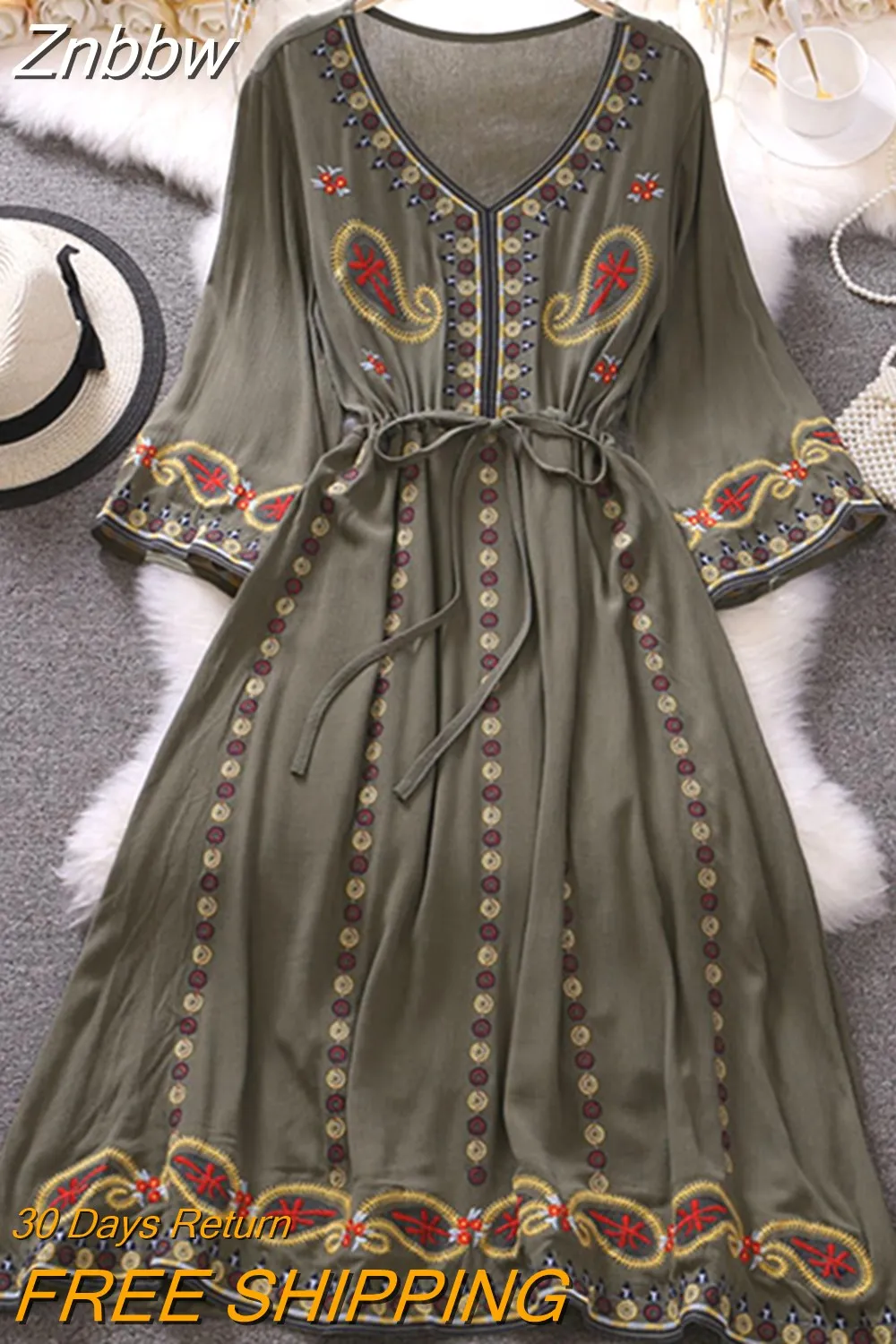 Znbbw Spring Summer Women Dress Seaside Vacation Beach Bohemian Loose Ethnic Style Temperament Embroidered V-Neck Dress GD795