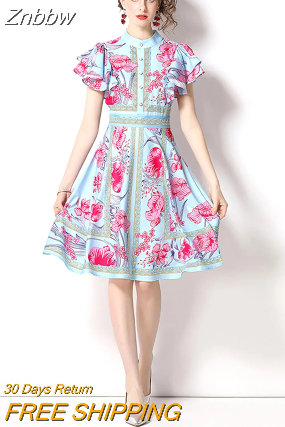 Znbbw Summer Dresses for Women 2023 Fashion Runway Stand Collar Ruffles Short Sleeve Floral Print Office Lady Vestidos N5686 - Image 3